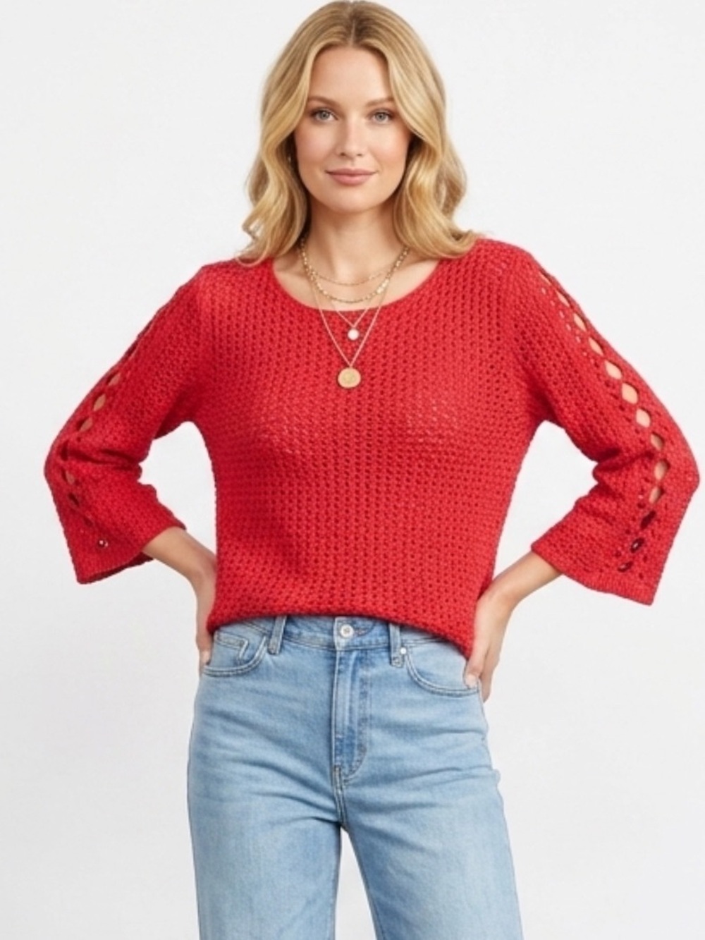 Chicos 1 Sweater Open Knit Crochet Coral Rayon US Size Medium Coastal Boho Chic